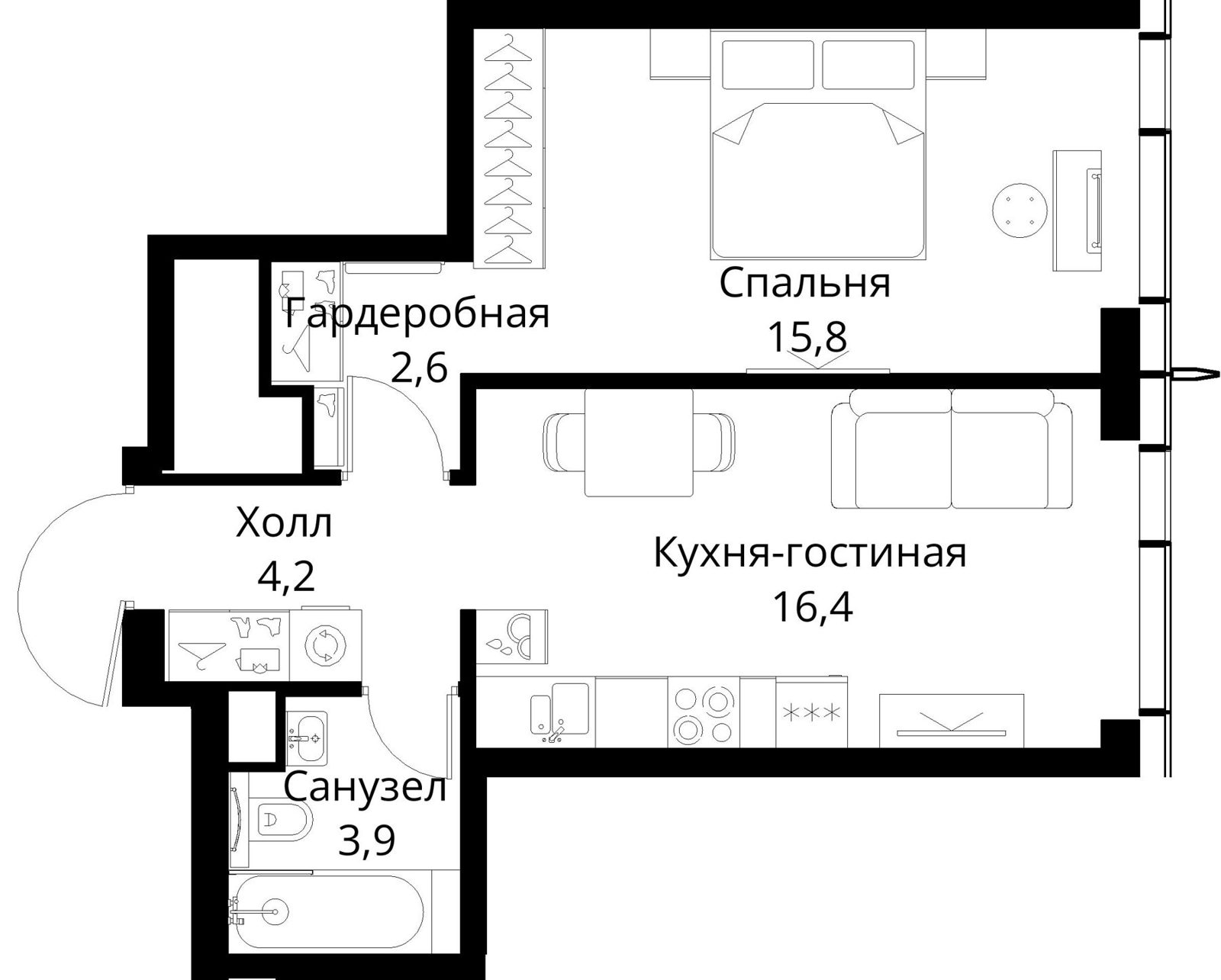 1-комнатная квартира, 42,9 м²