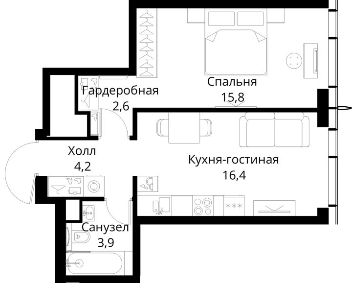 1-комнатная квартира, 42,9 м² — фото 1