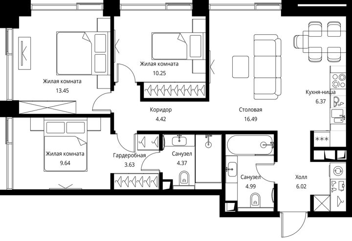 3-комнатная квартира, 79,6 м² — фото 1
