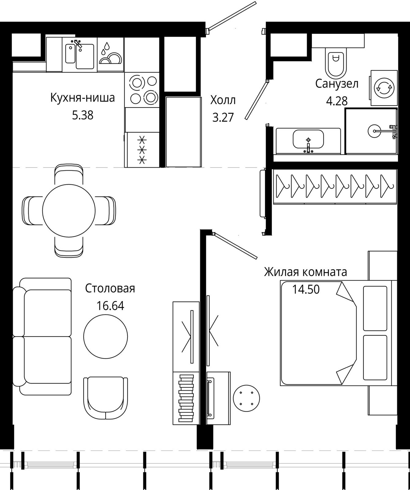 1-комнатная квартира, 44,1 м²
