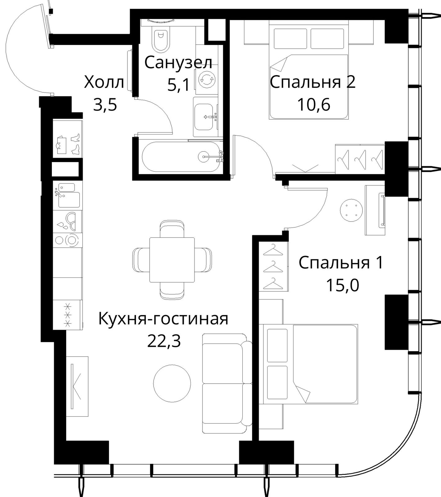 2-комнатная квартира, 56,5 м²