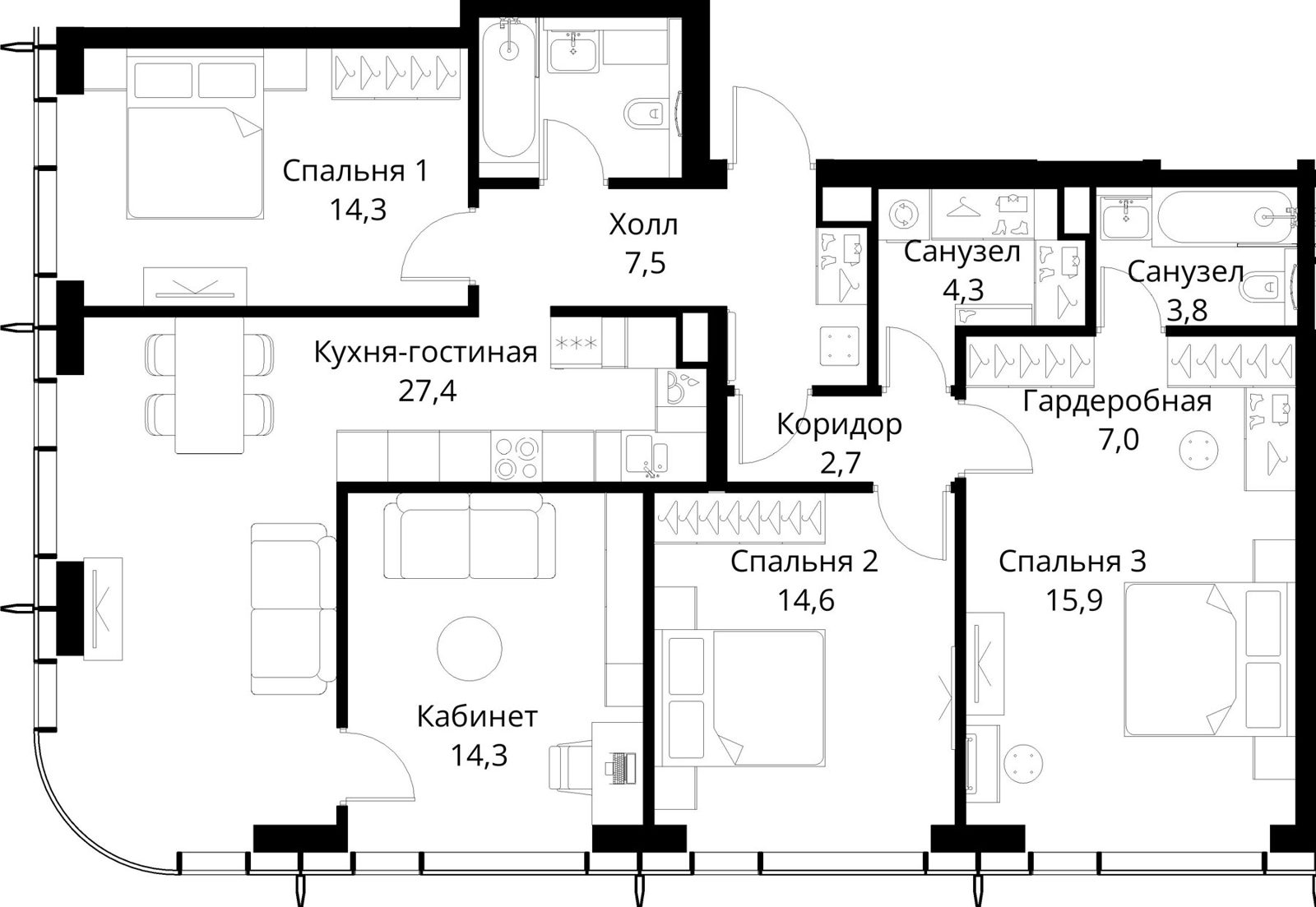 4-комнатная квартира, 116,3 м²