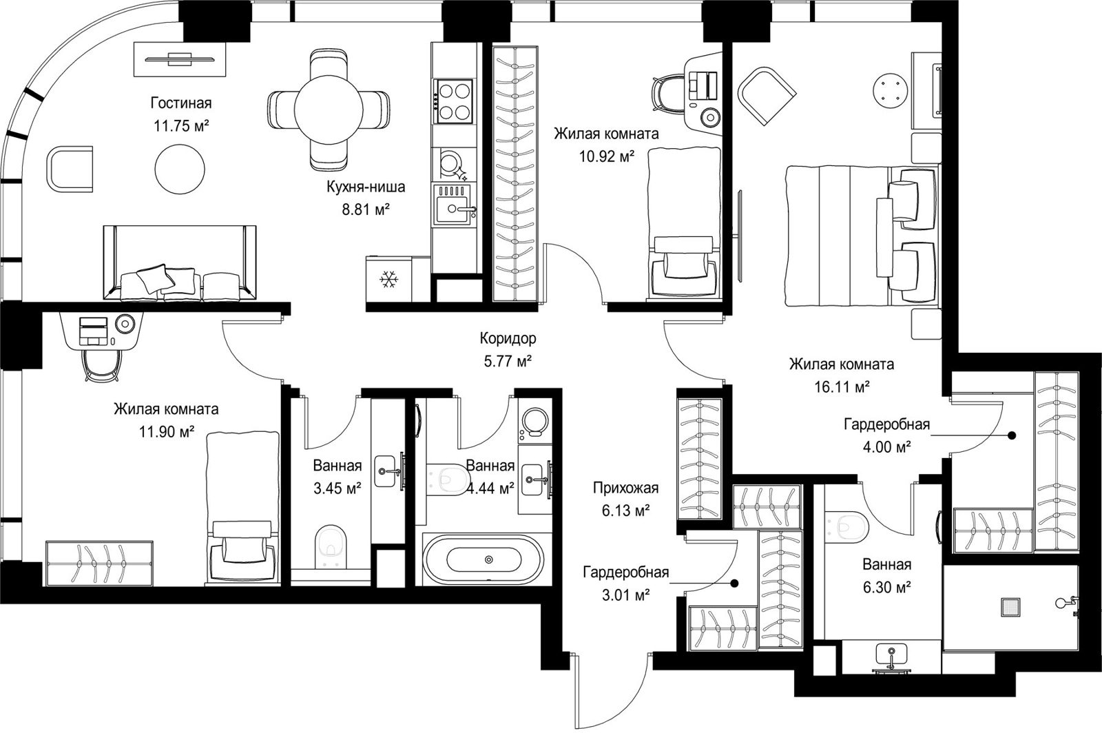 3-комнатная квартира, 92,6 м²
