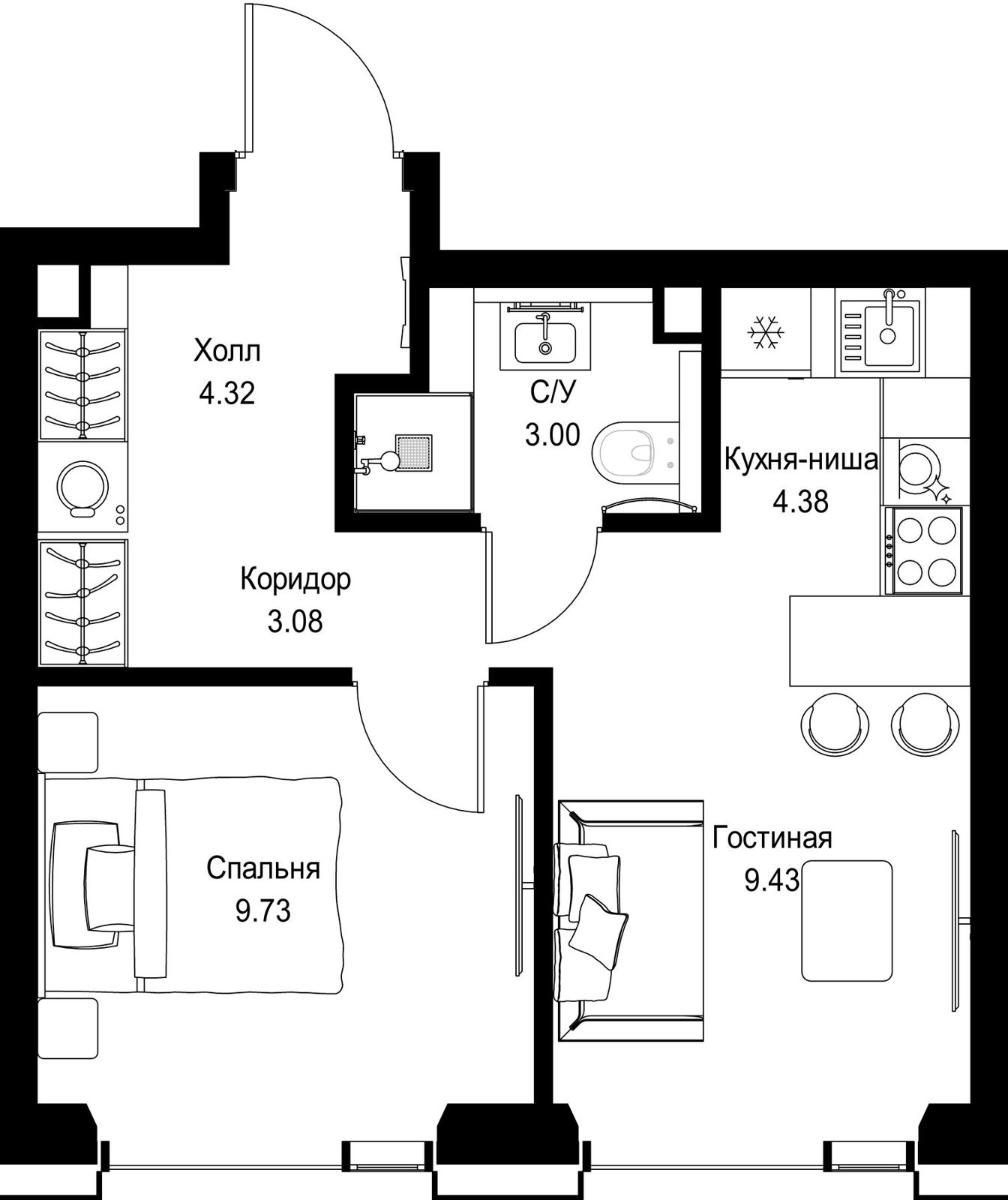 1-комнатная квартира, 33,9 м²