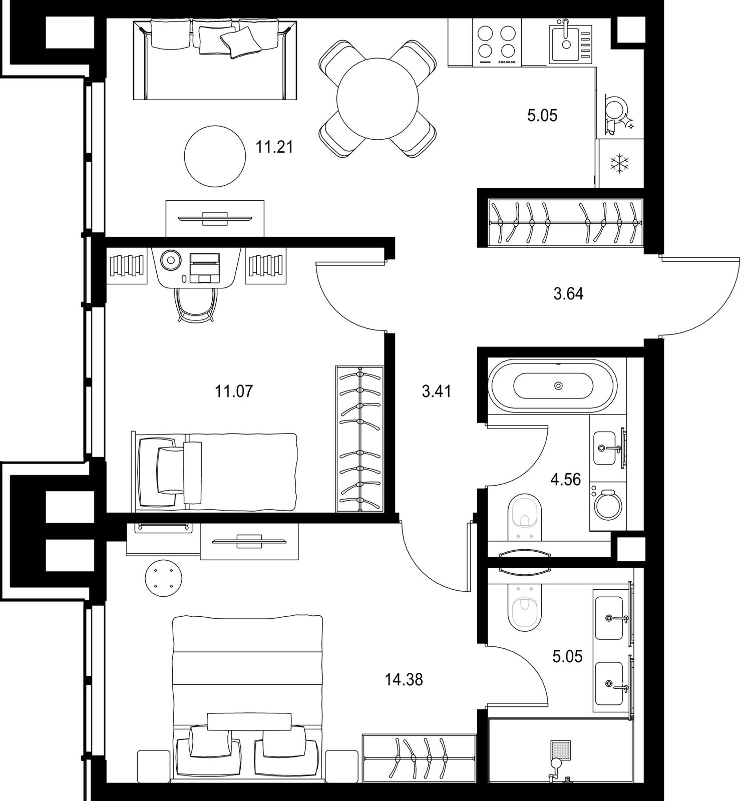 2-комнатная квартира, 58,4 м²