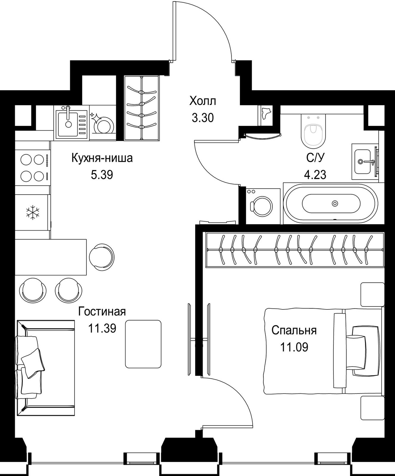 1-комнатная квартира, 35,4 м²
