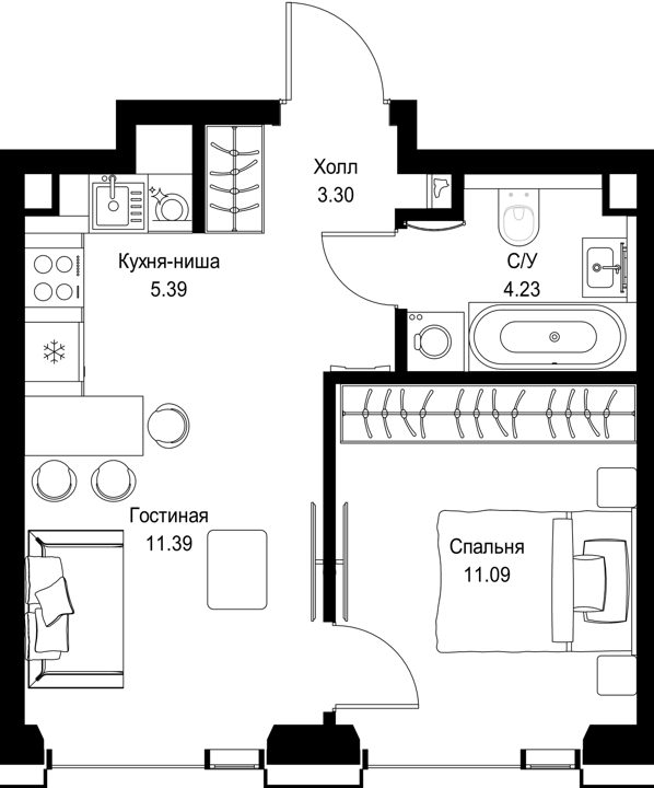 1-комнатная квартира, 35,4 м²