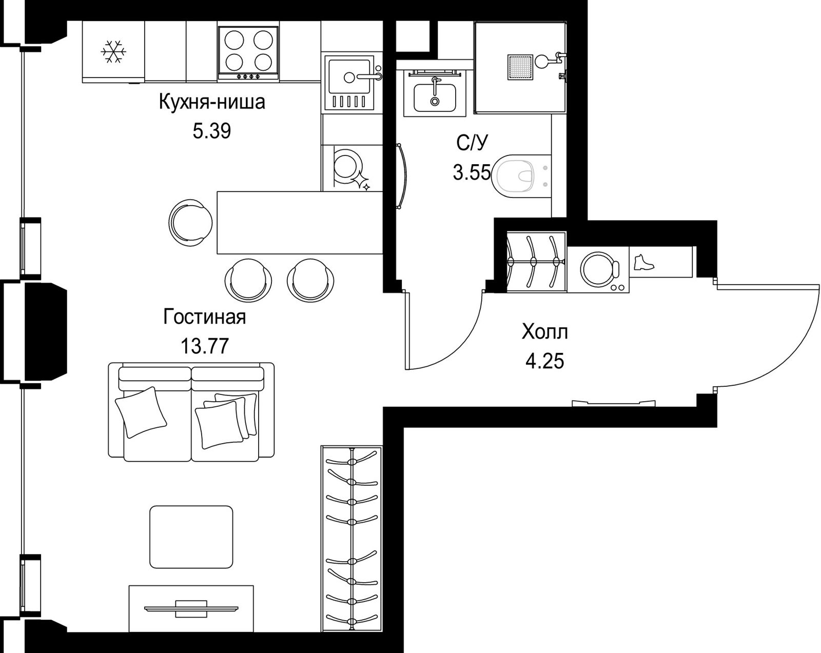 Квартира-студия, 27 м²