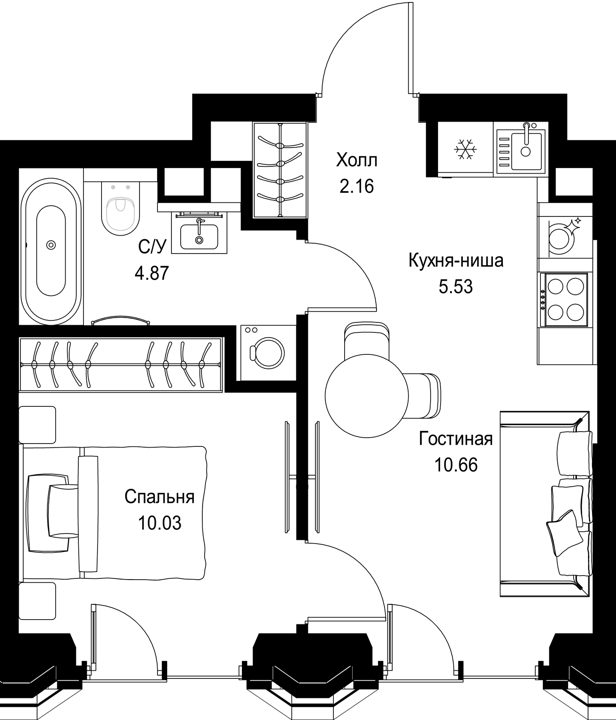 1-комнатная квартира, 32,6 м²