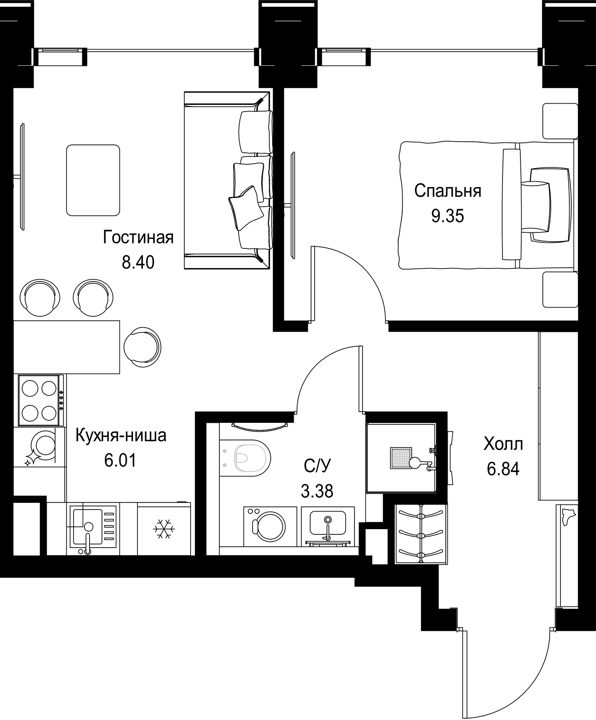 1-комнатная квартира, 34 м²