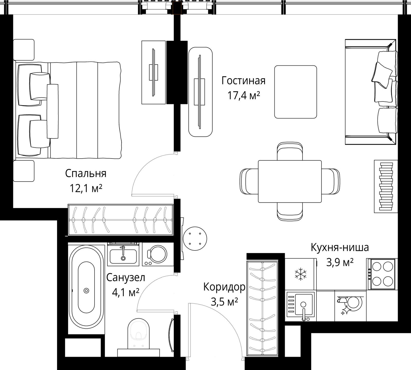 1-комнатная квартира, 41 м²