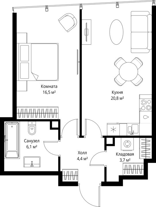 1-комнатная квартира, 51,5 м²