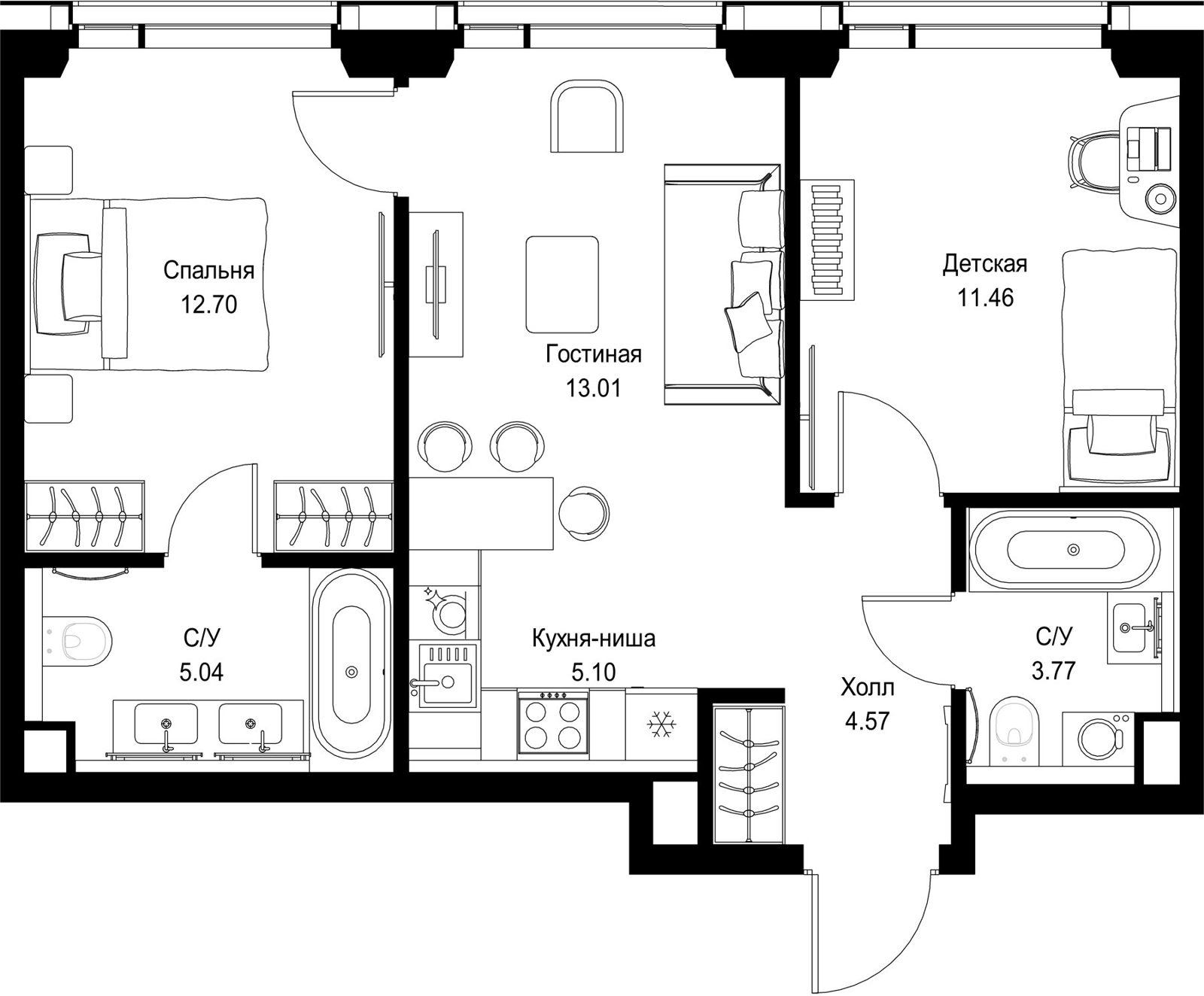 2-комнатная квартира, 55,6 м²