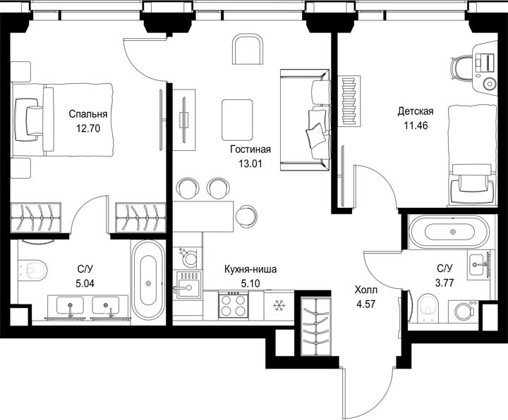 2-комнатная квартира, 55,6 м²