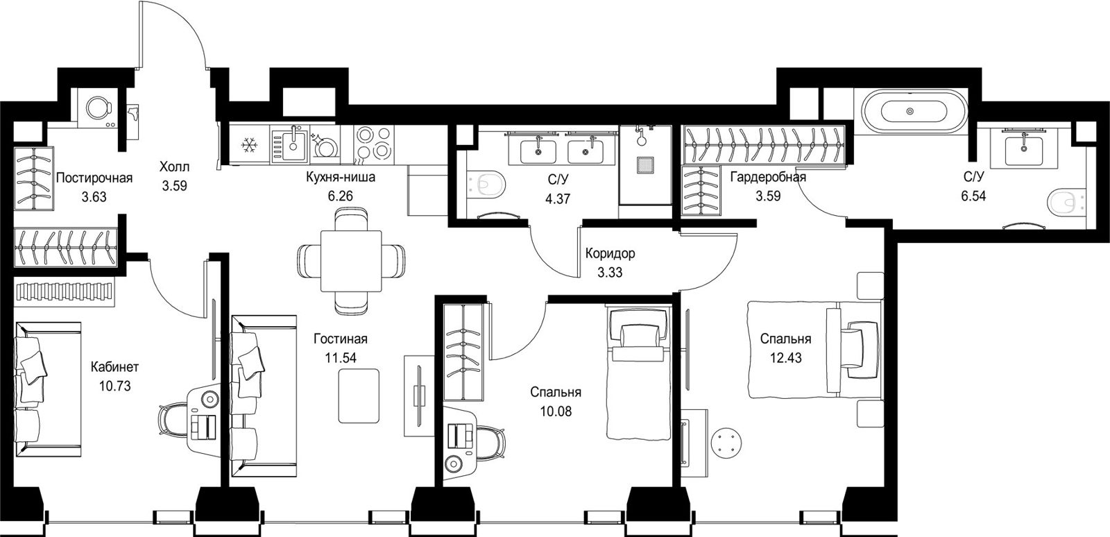 3-комнатная квартира, 76,1 м²