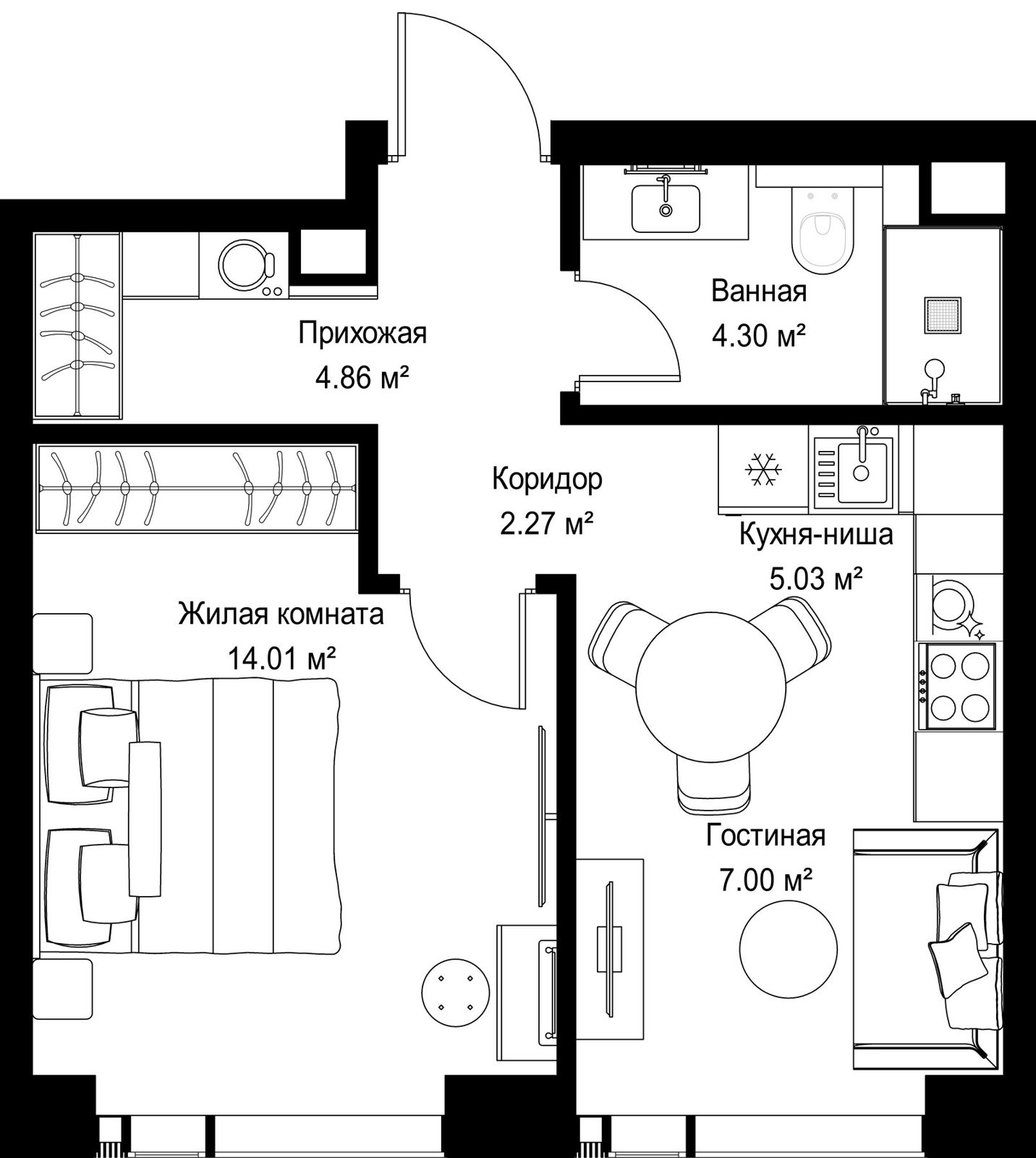 1-комнатная квартира, 37,5 м²