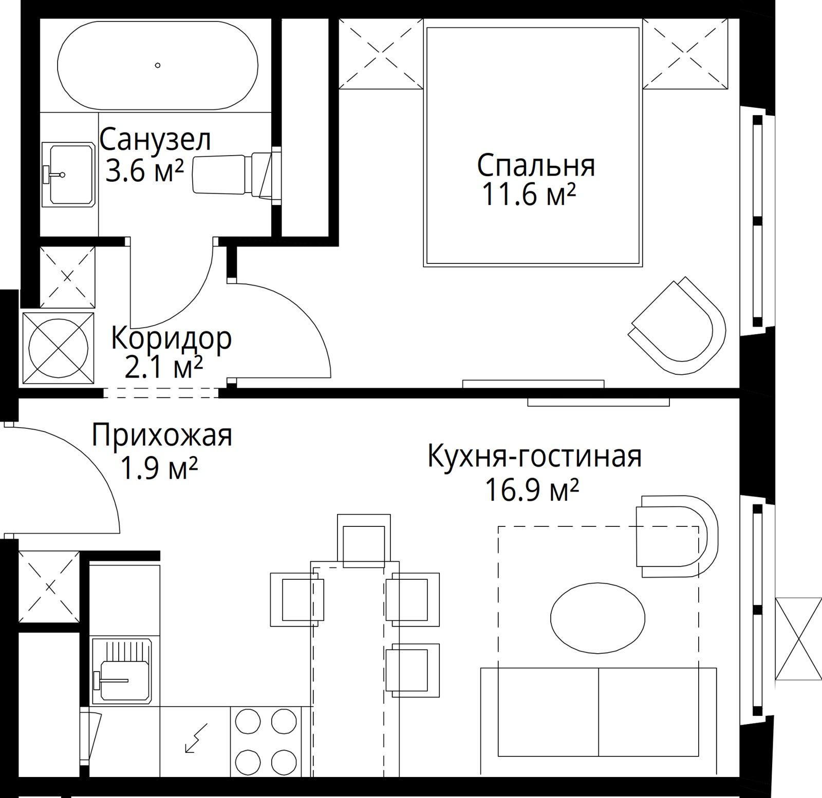 1-комнатная квартира, 36,1 м²