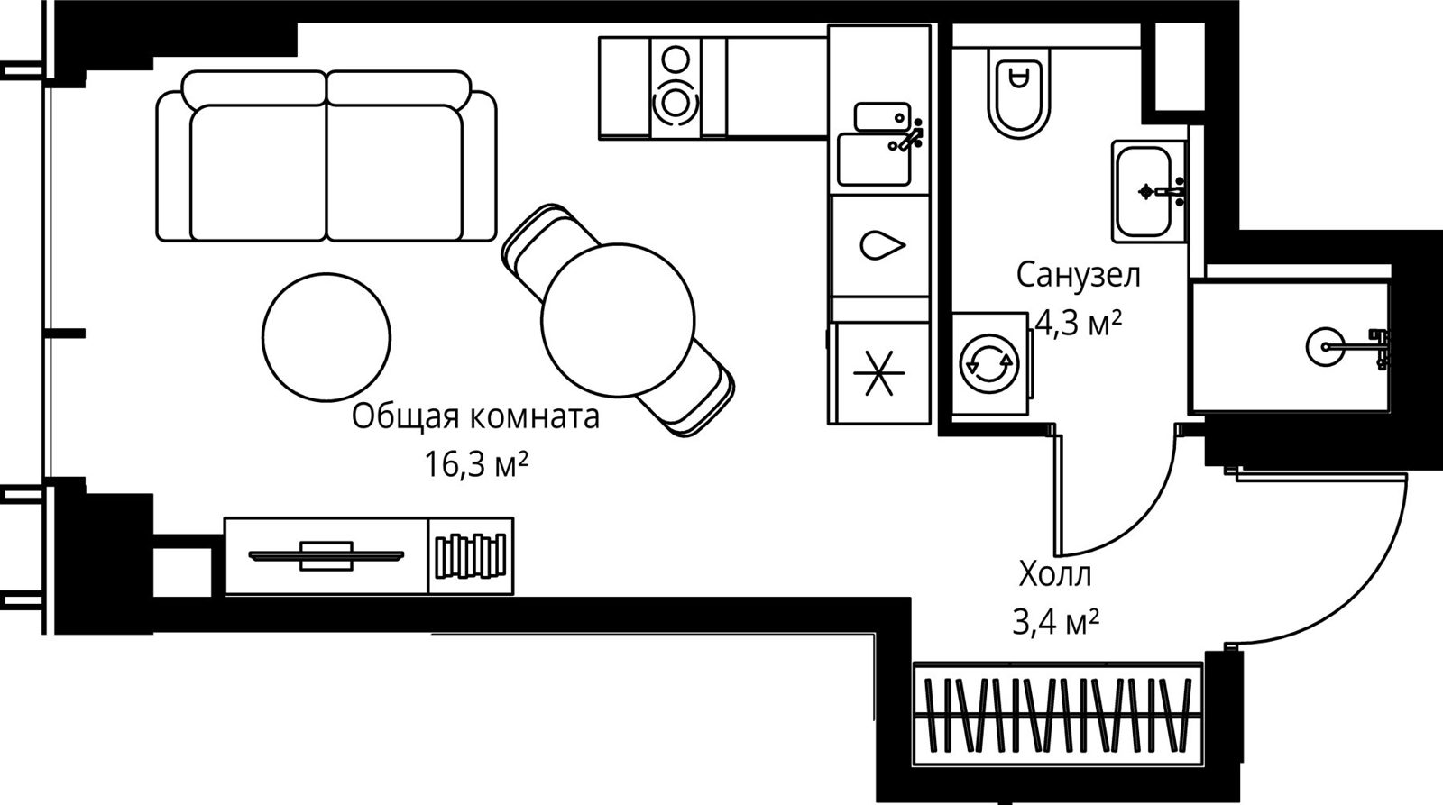 Квартира-студия, 24 м²