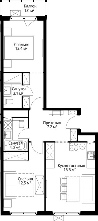 2-комнатная квартира, 57,8 м² — фото 1