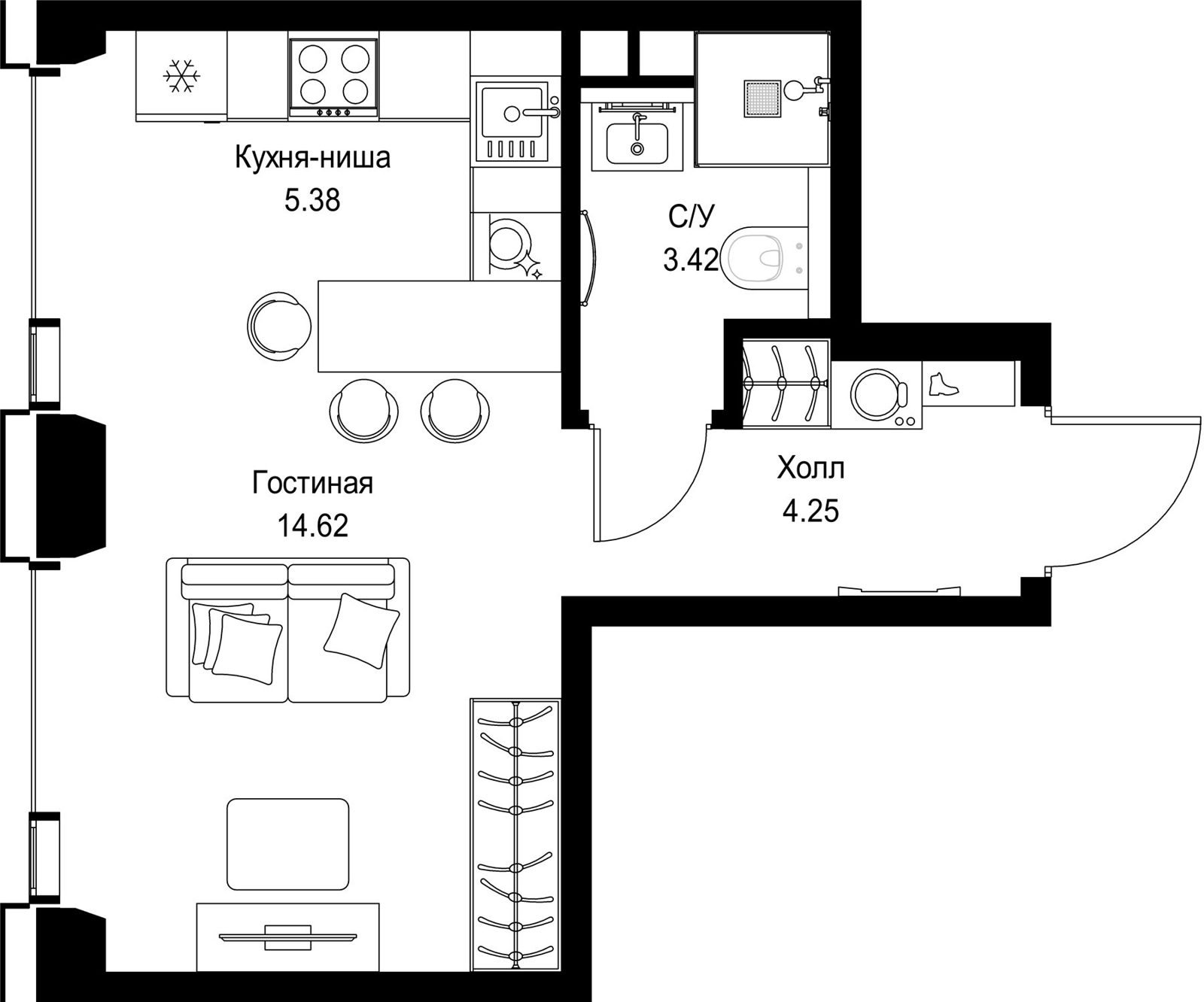 Квартира-студия, 27,7 м²