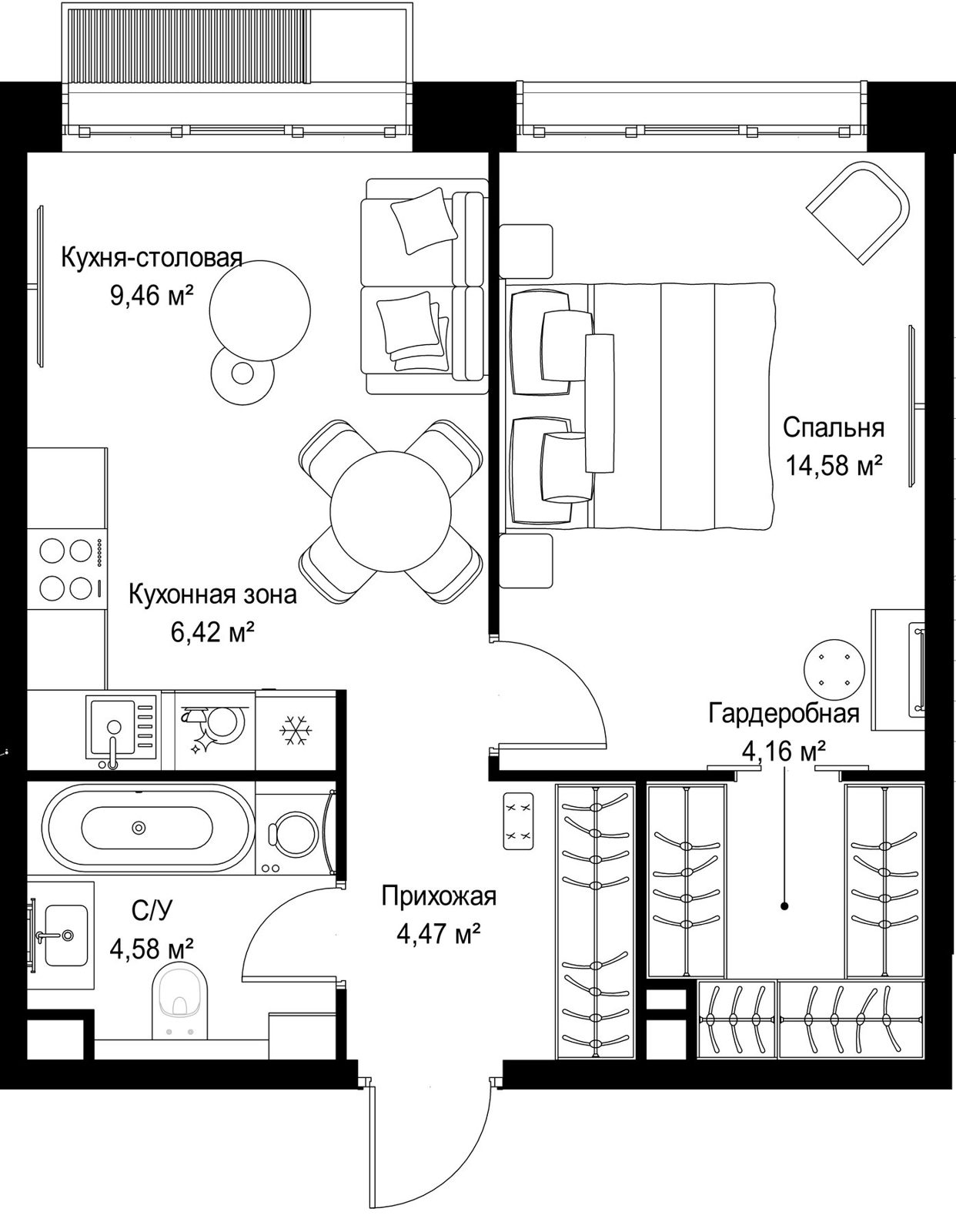 1-комнатная квартира, 43,7 м²