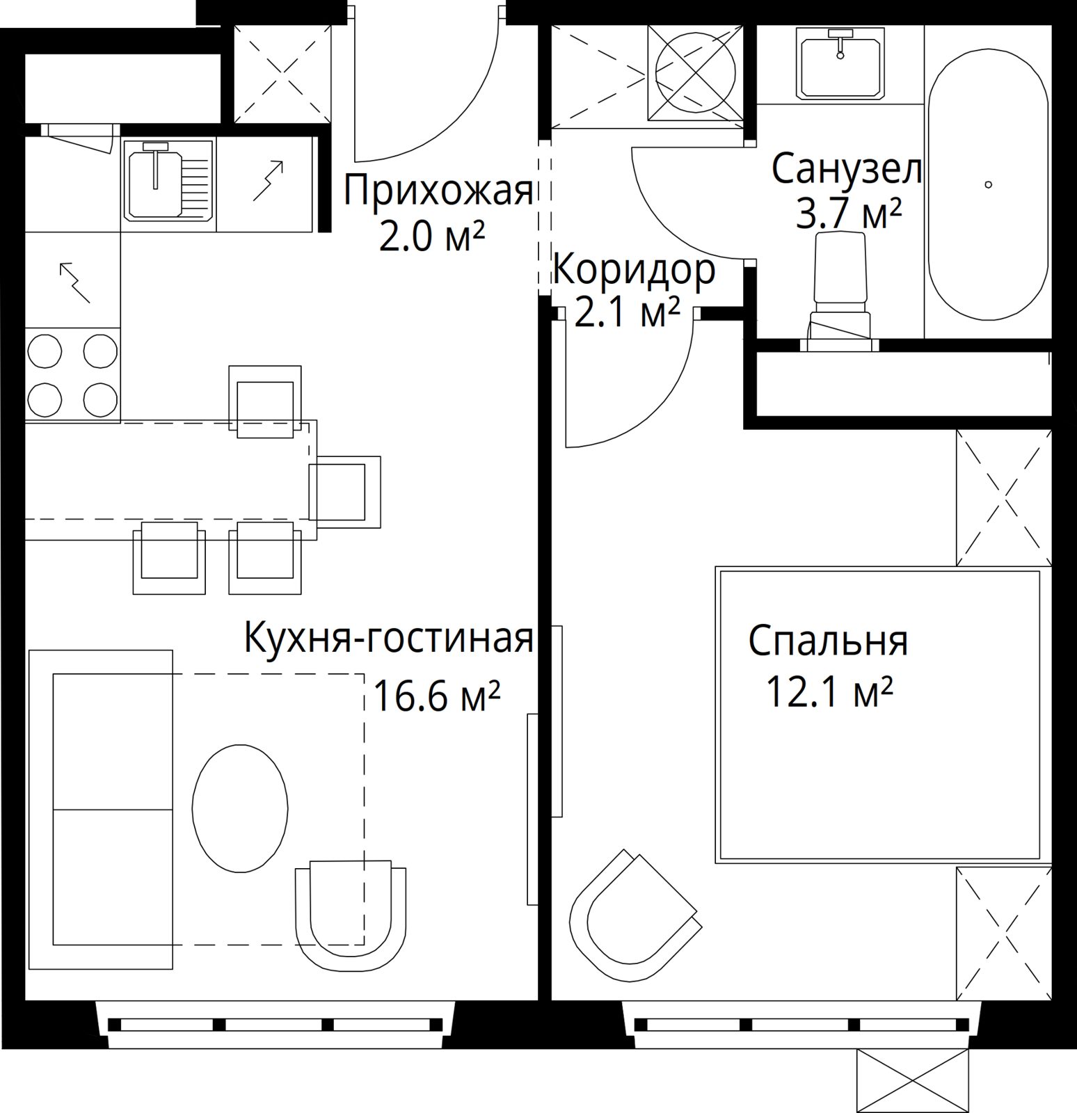 1-комнатная квартира, 36,5 м²