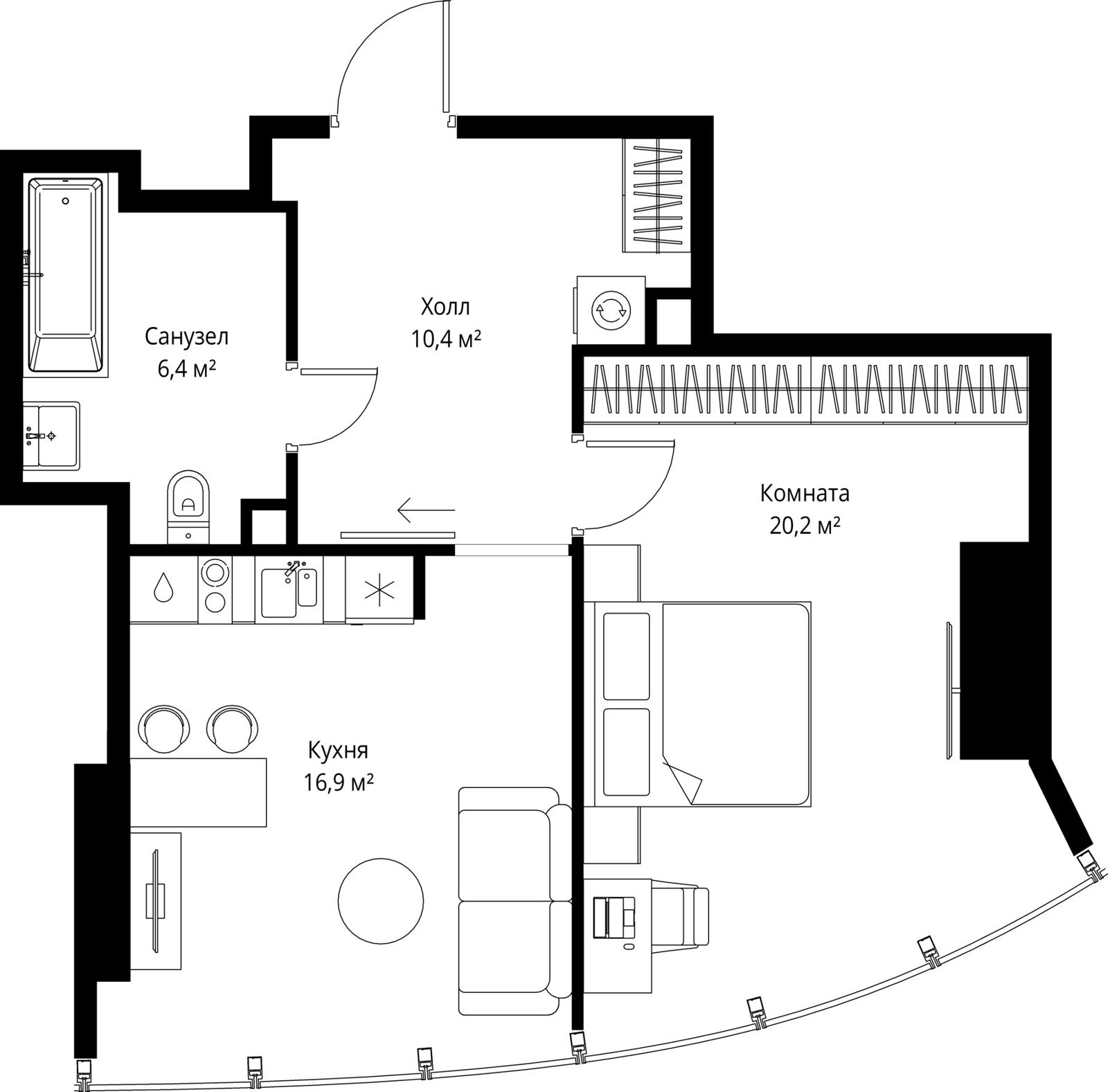 1-комнатная квартира, 53,9 м²
