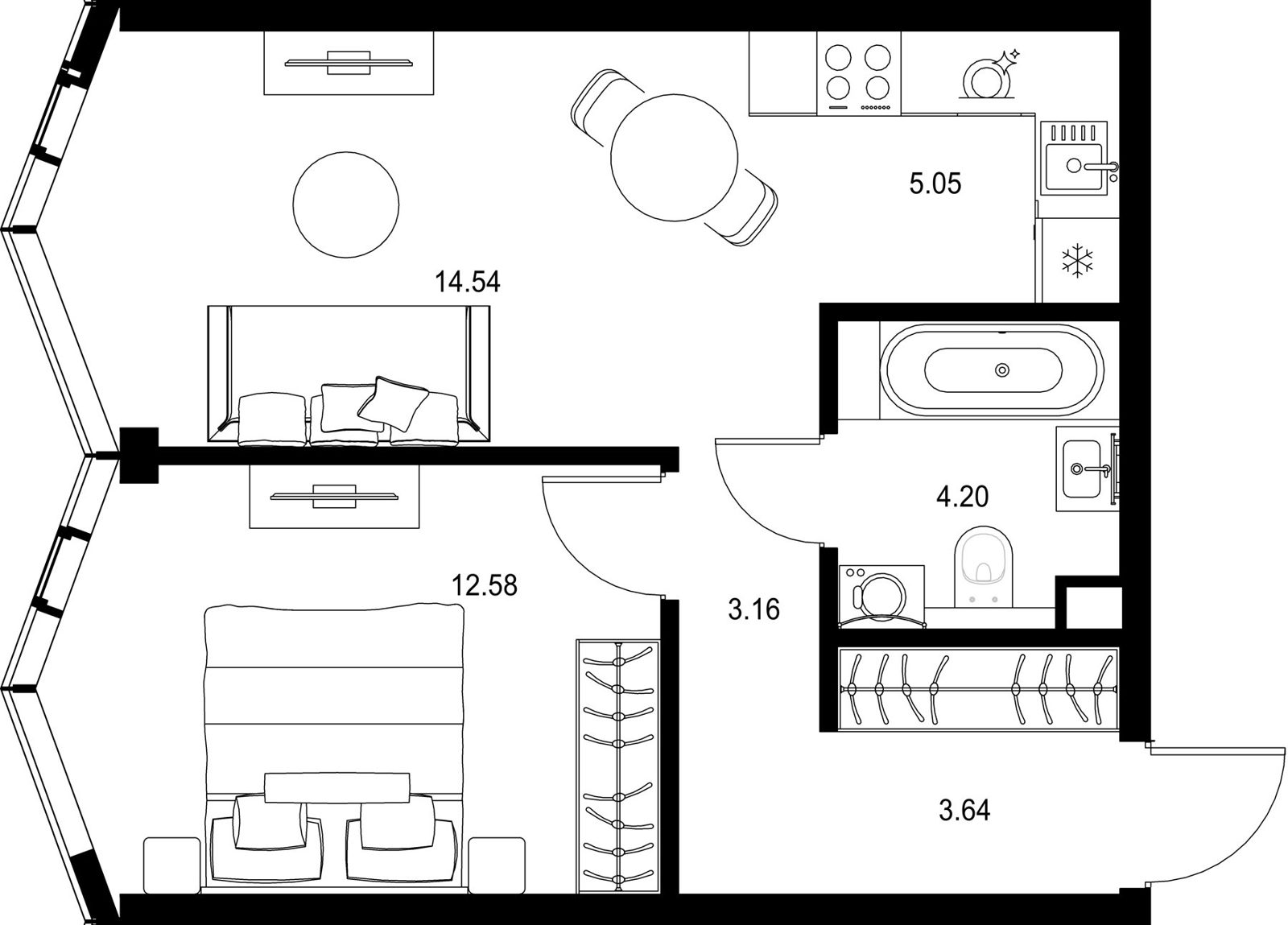 1-комнатная квартира, 43,2 м²