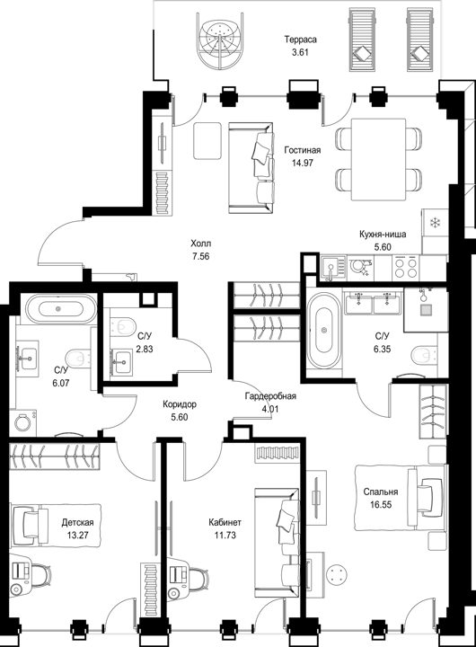 3-комнатная квартира, 98,2 м²