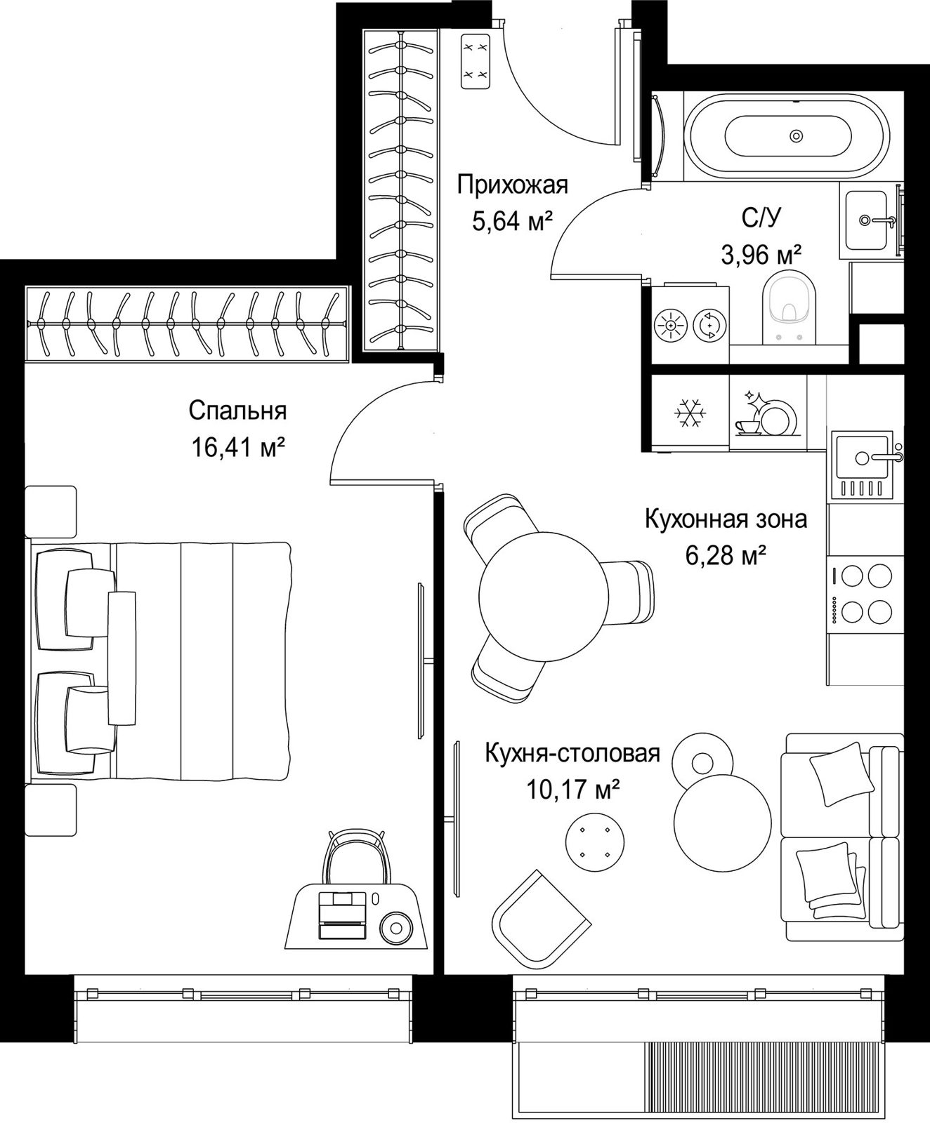 1-комнатная квартира, 42,5 м²