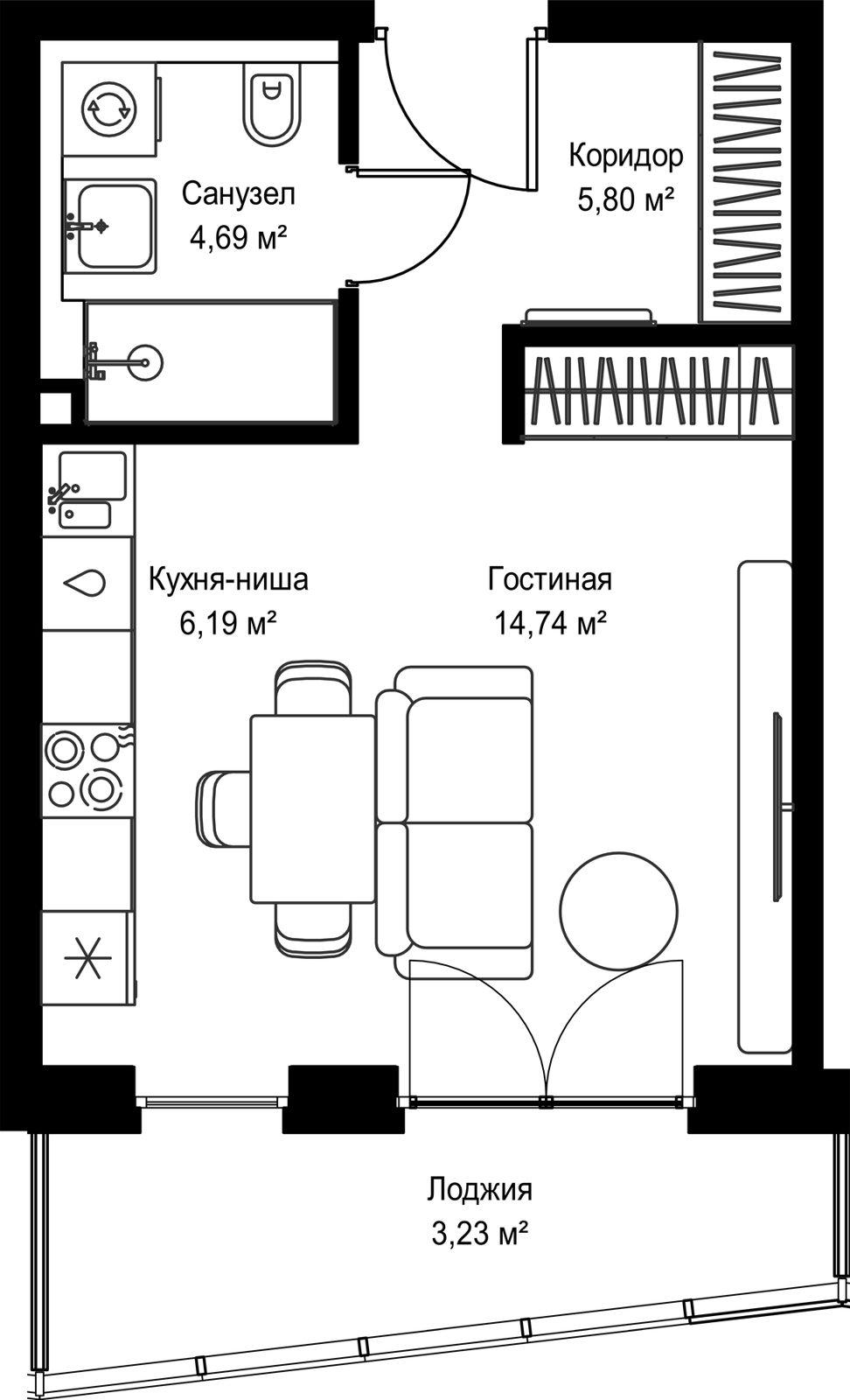Квартира-студия, 34,5 м²