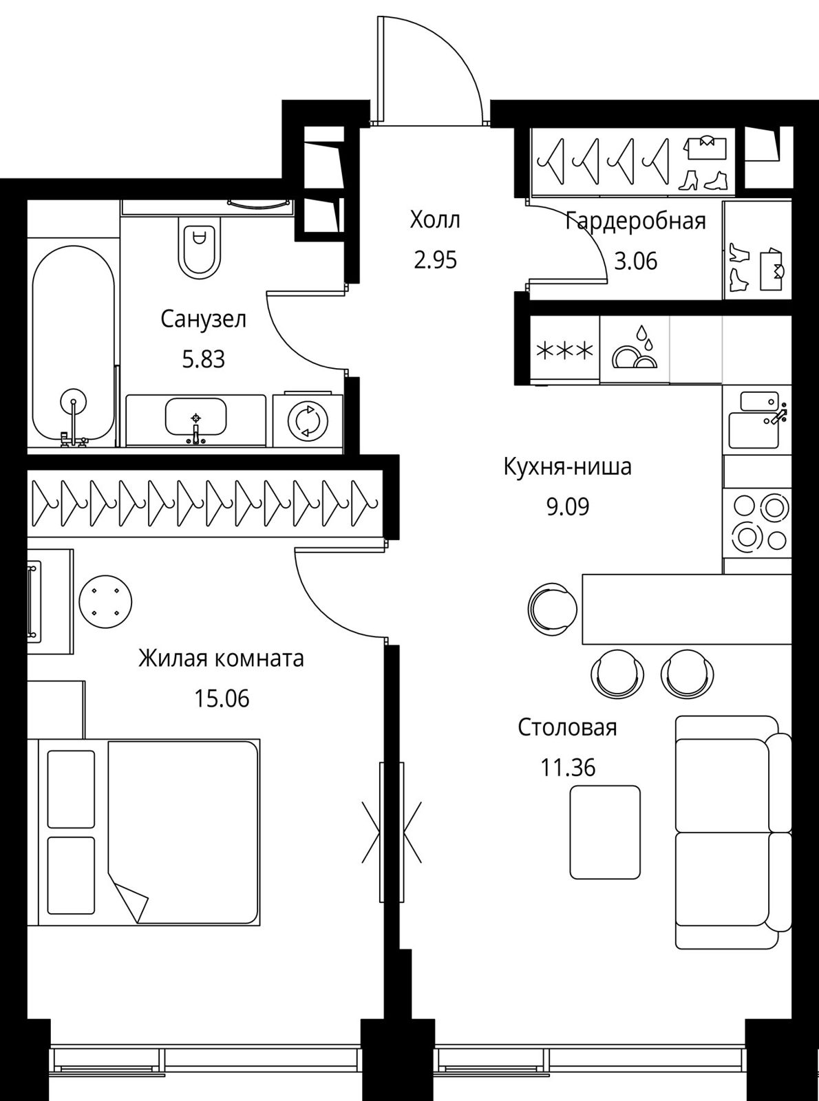 1-комнатная квартира, 47,4 м²