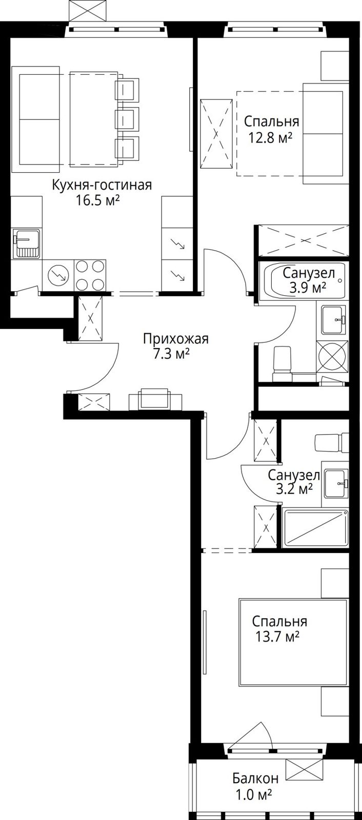 2-комнатная квартира, 58,4 м²