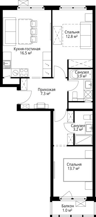 2-комнатная квартира, 58,4 м² — фото 1
