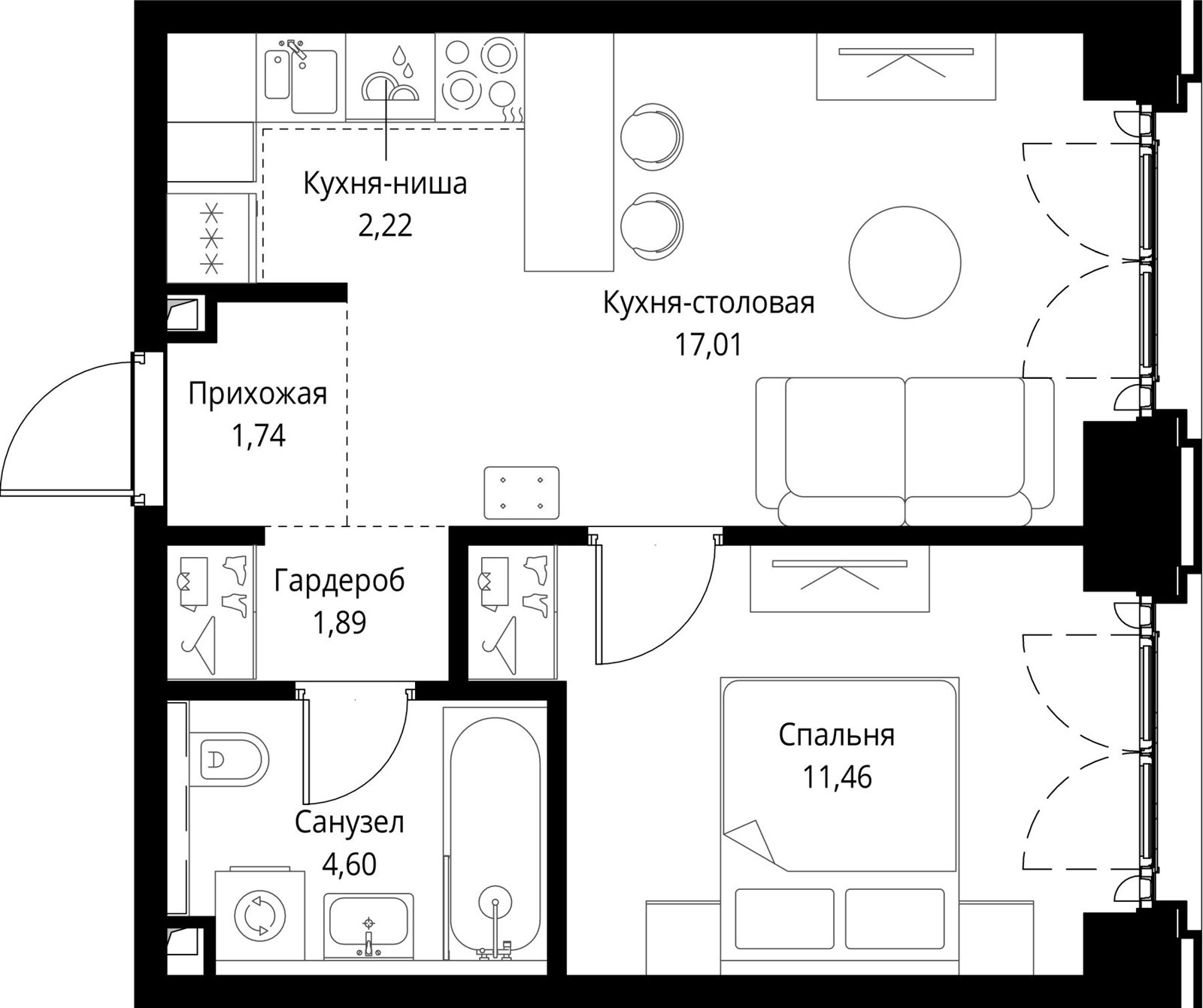 1-комнатная квартира, 38,9 м²