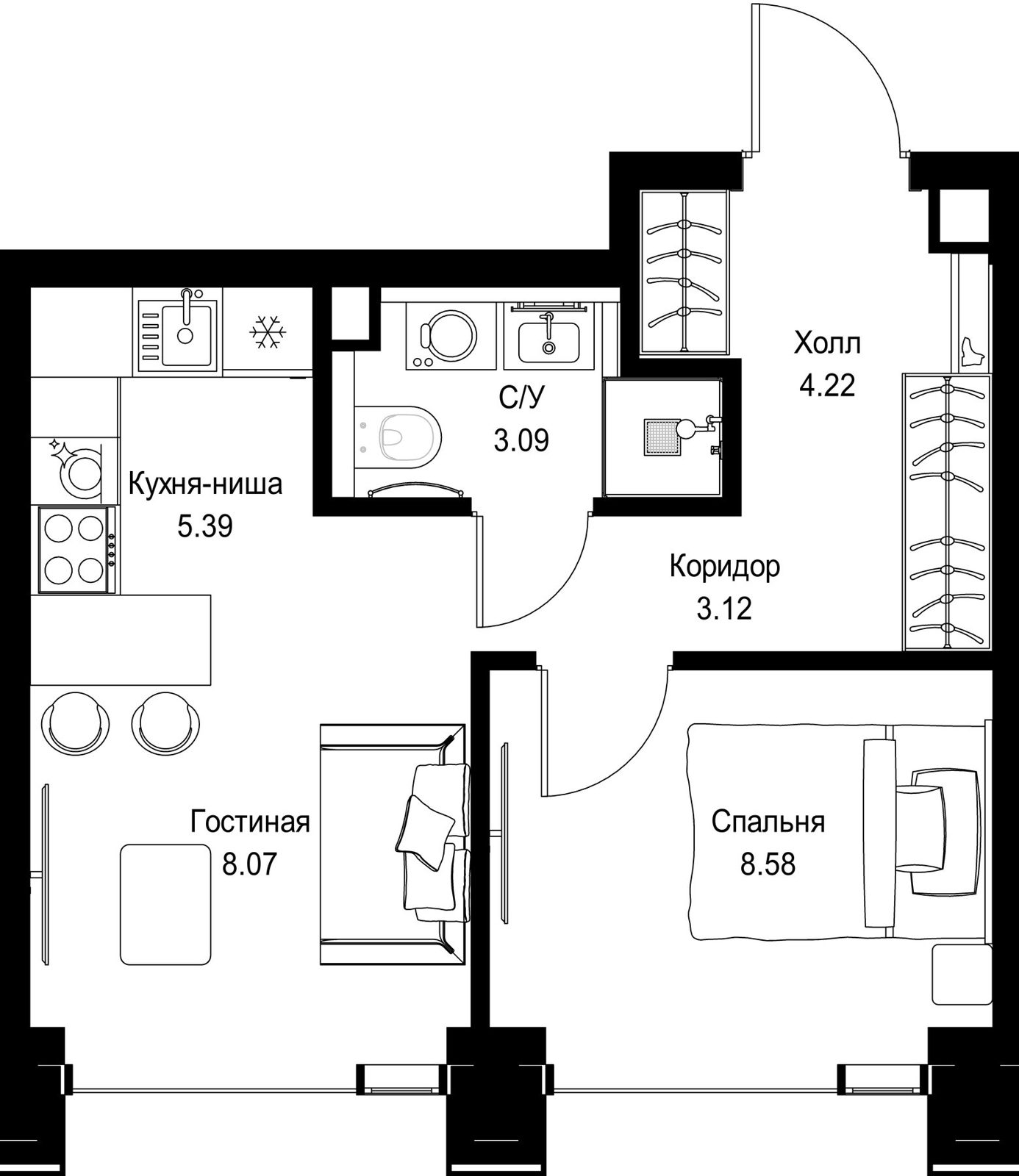 1-комнатная квартира, 32,5 м²