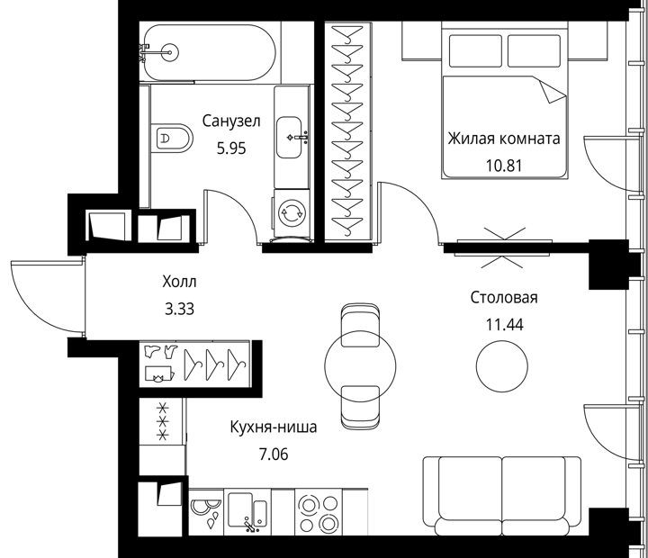 1-комнатная квартира, 38,6 м² — фото 1