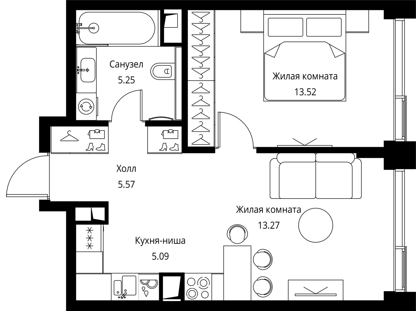 1-комнатная квартира, 42,7 м²