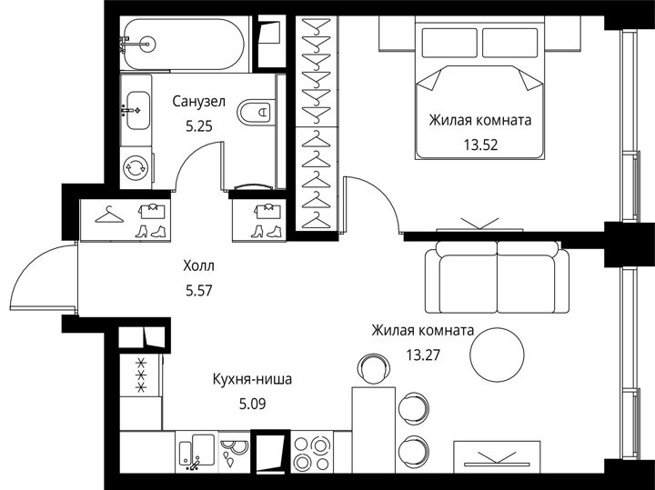 1-комнатная квартира, 42,7 м² — фото 1