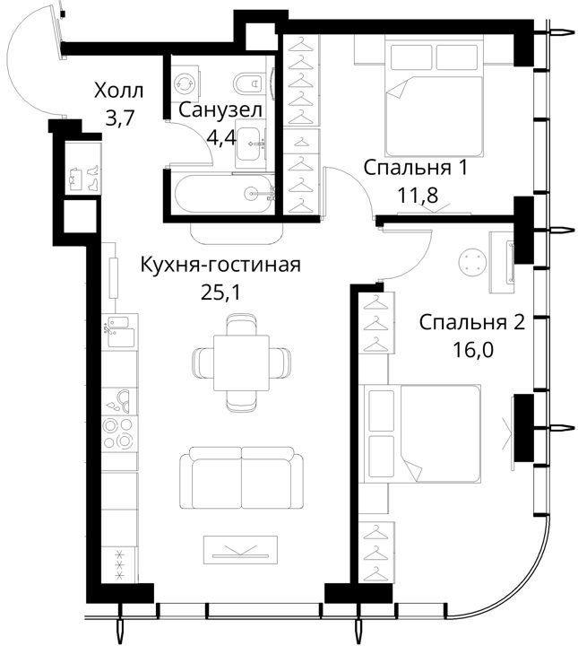 2-комнатная квартира, 61 м² — фото 1