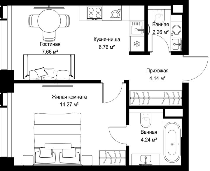 1-комнатная квартира, 39,3 м² — фото 1