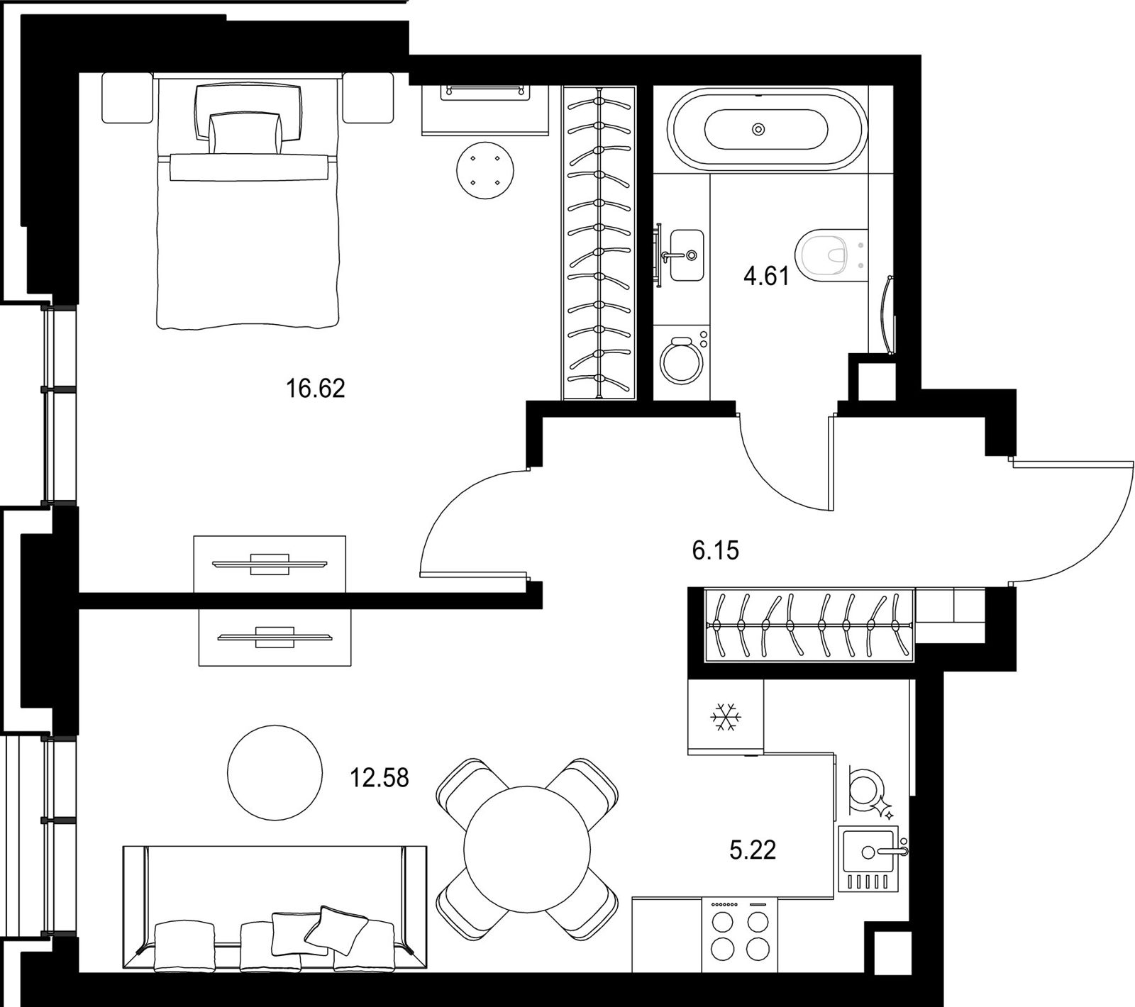 1-комнатная квартира, 45,2 м²