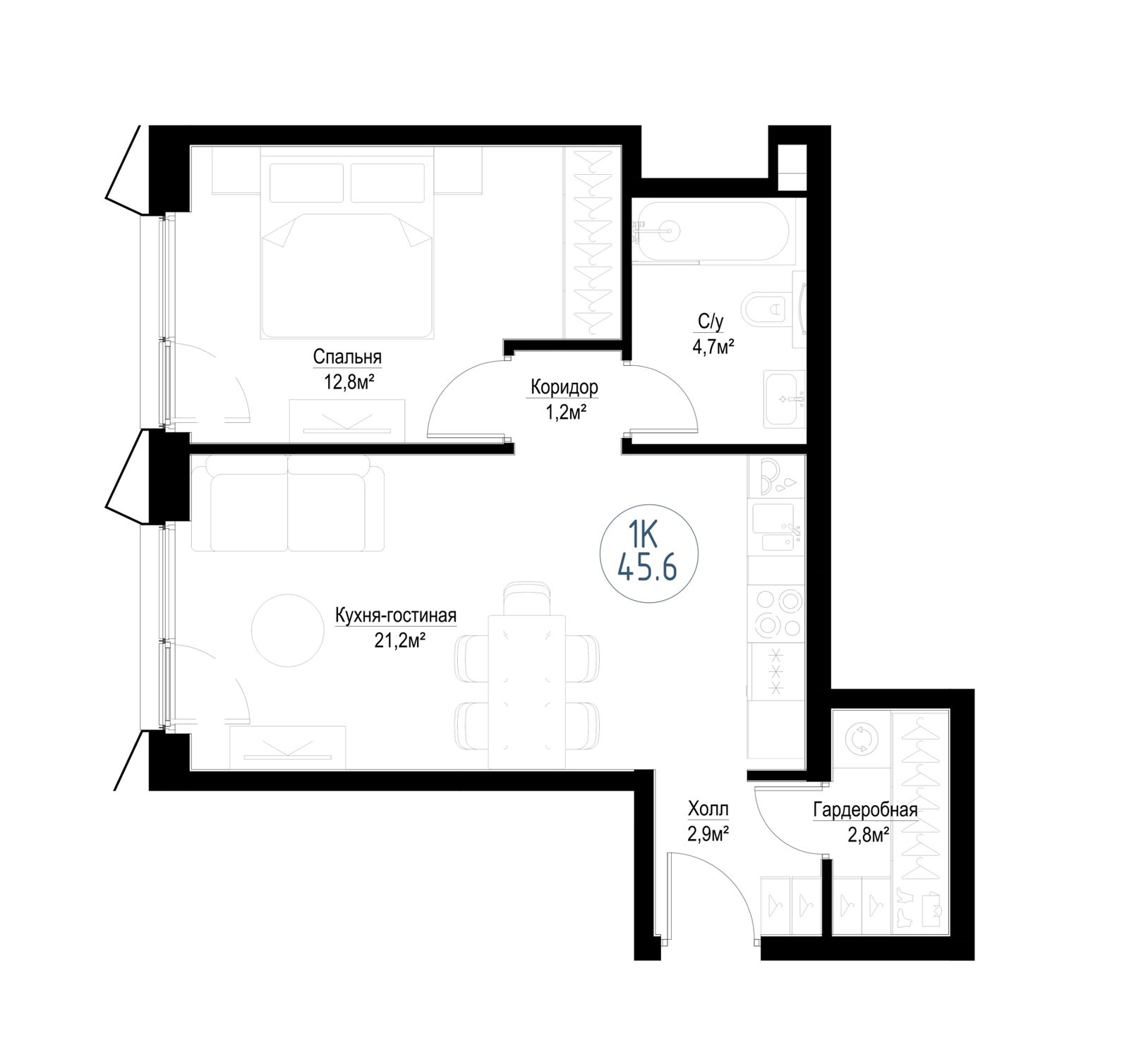 1-комнатная квартира, 44,7 м²