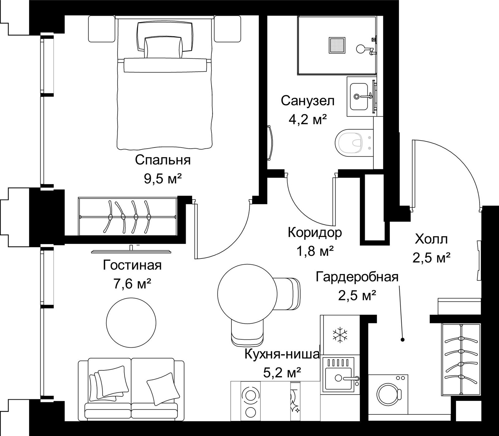 1-комнатная квартира, 33,3 м²