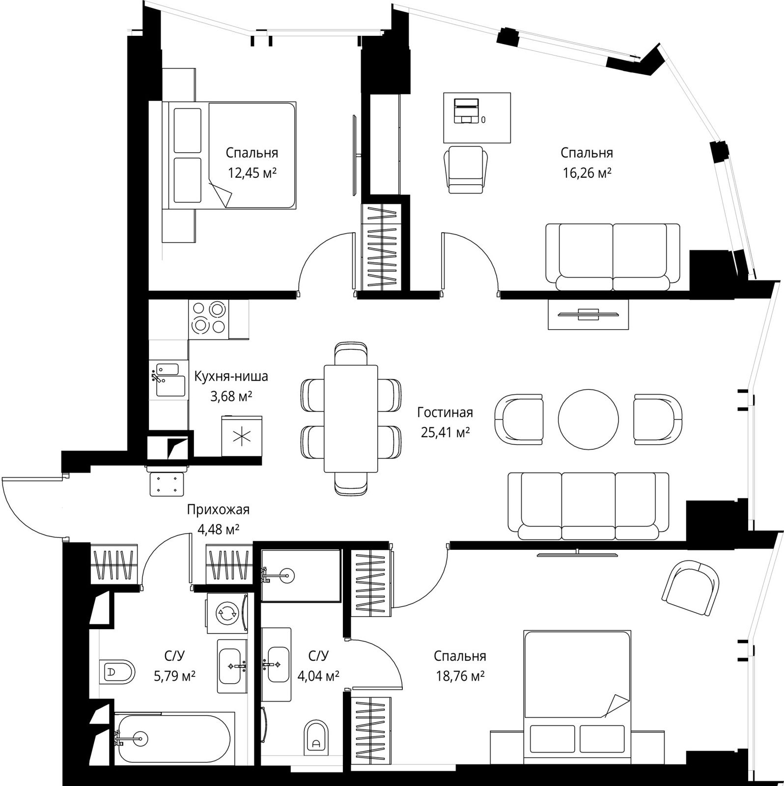 3-комнатная квартира, 91 м²