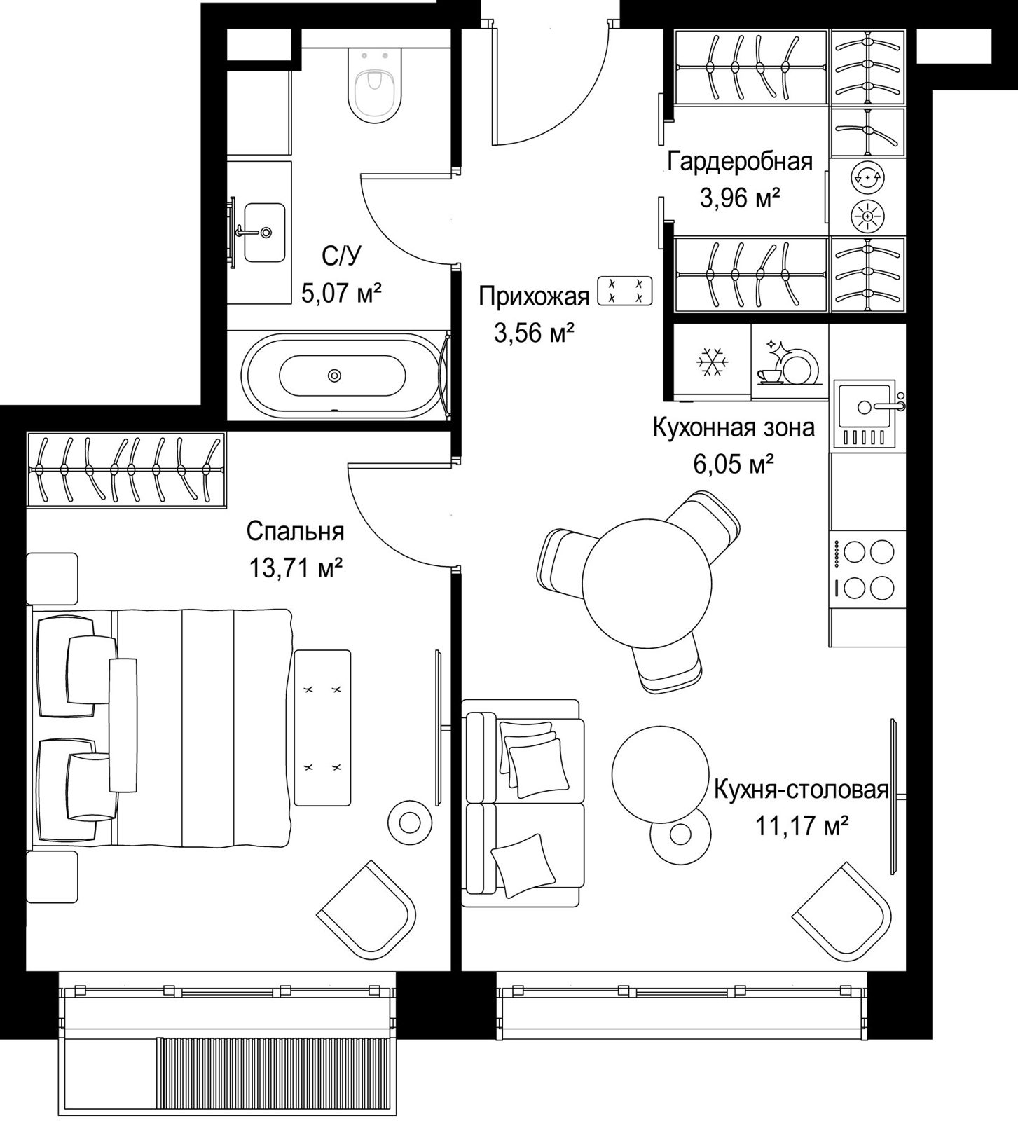 1-комнатная квартира, 43,5 м²