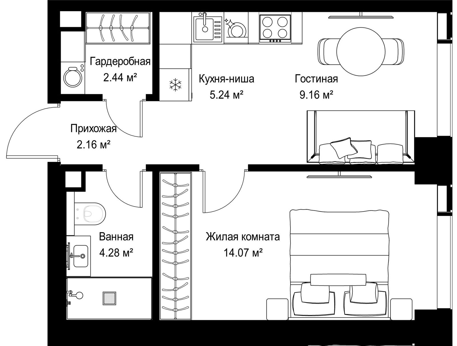 1-комнатная квартира, 37,4 м²