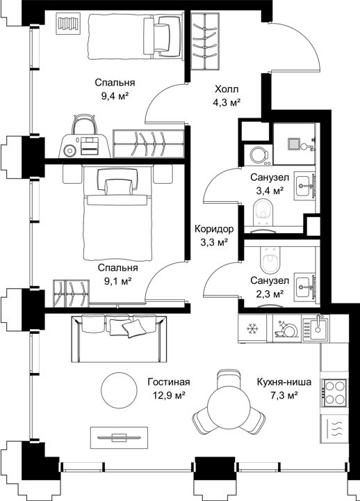 2-комнатная квартира, 52 м²