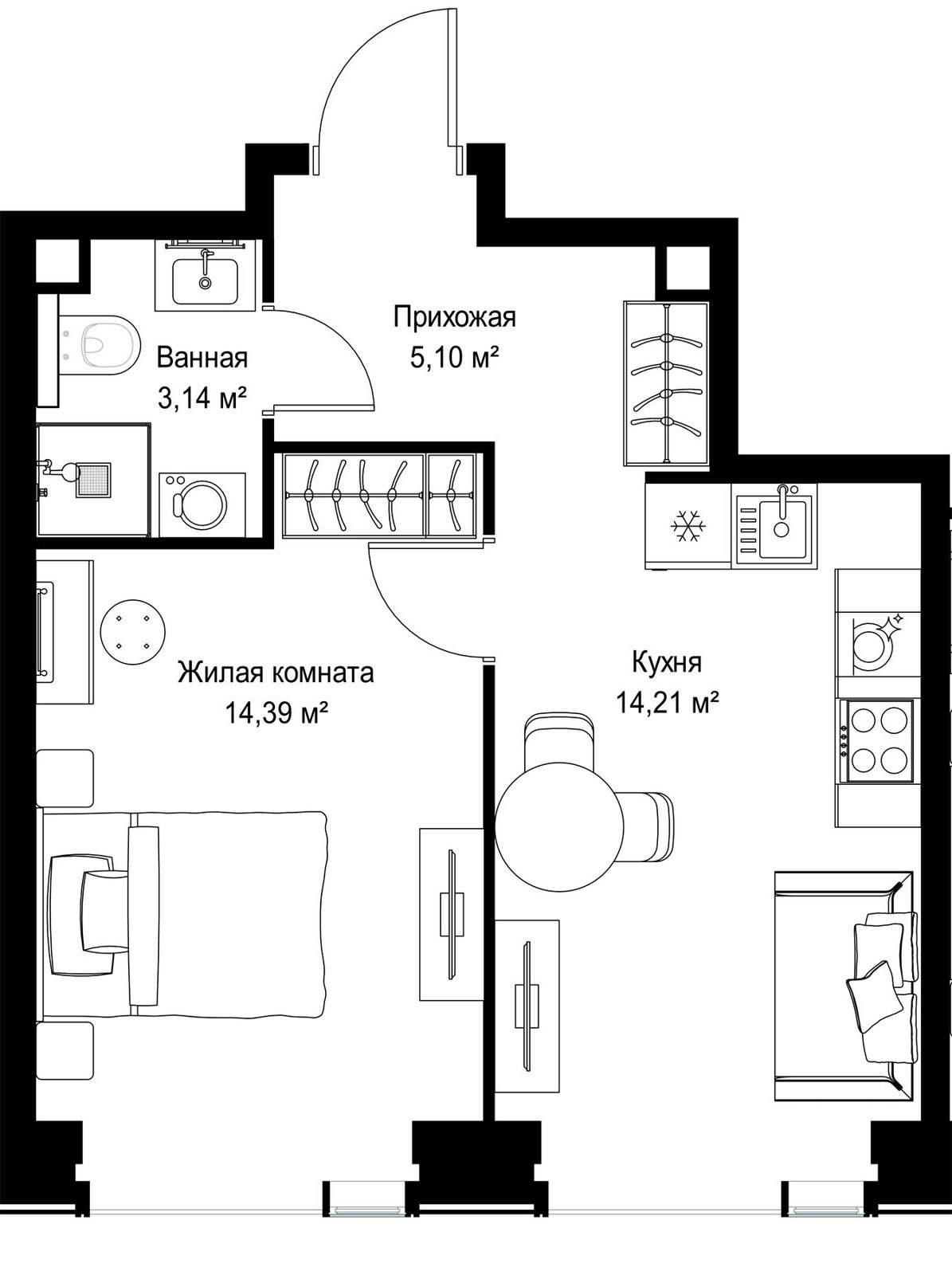 1-комнатная квартира, 36,8 м²