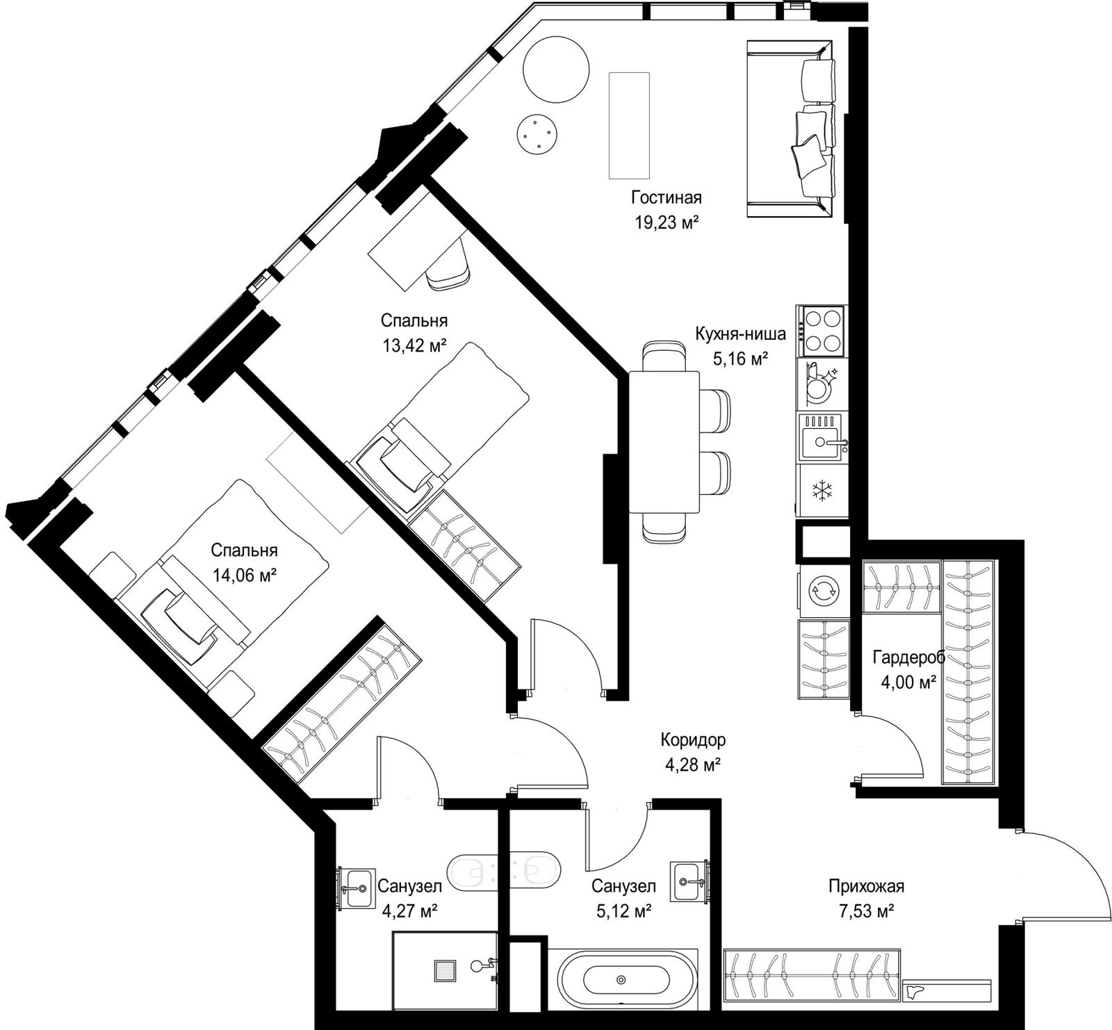 2-комнатная квартира, 77,1 м²
